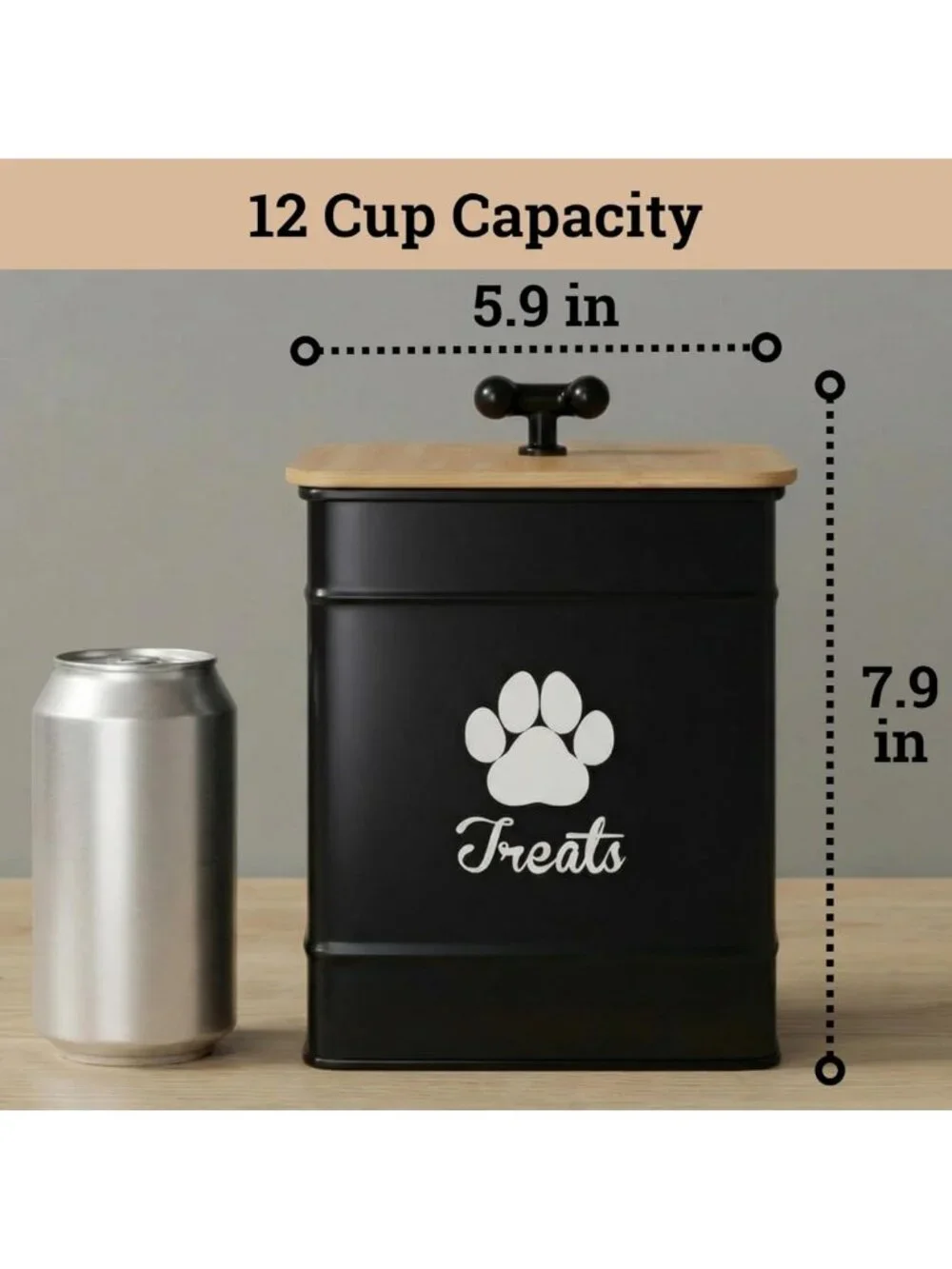 Airtight Dog Treat Container - 12 Cup Capacity Iron Jar with Bamboo Lid